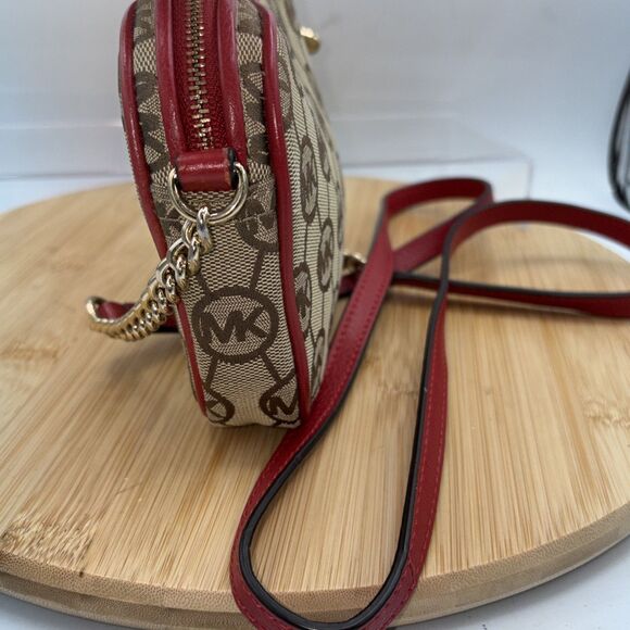 Michael Kors Tan Monogram Mini Crossbody Bag Red Leather Trim Chain Strap - Picture 7 of 12